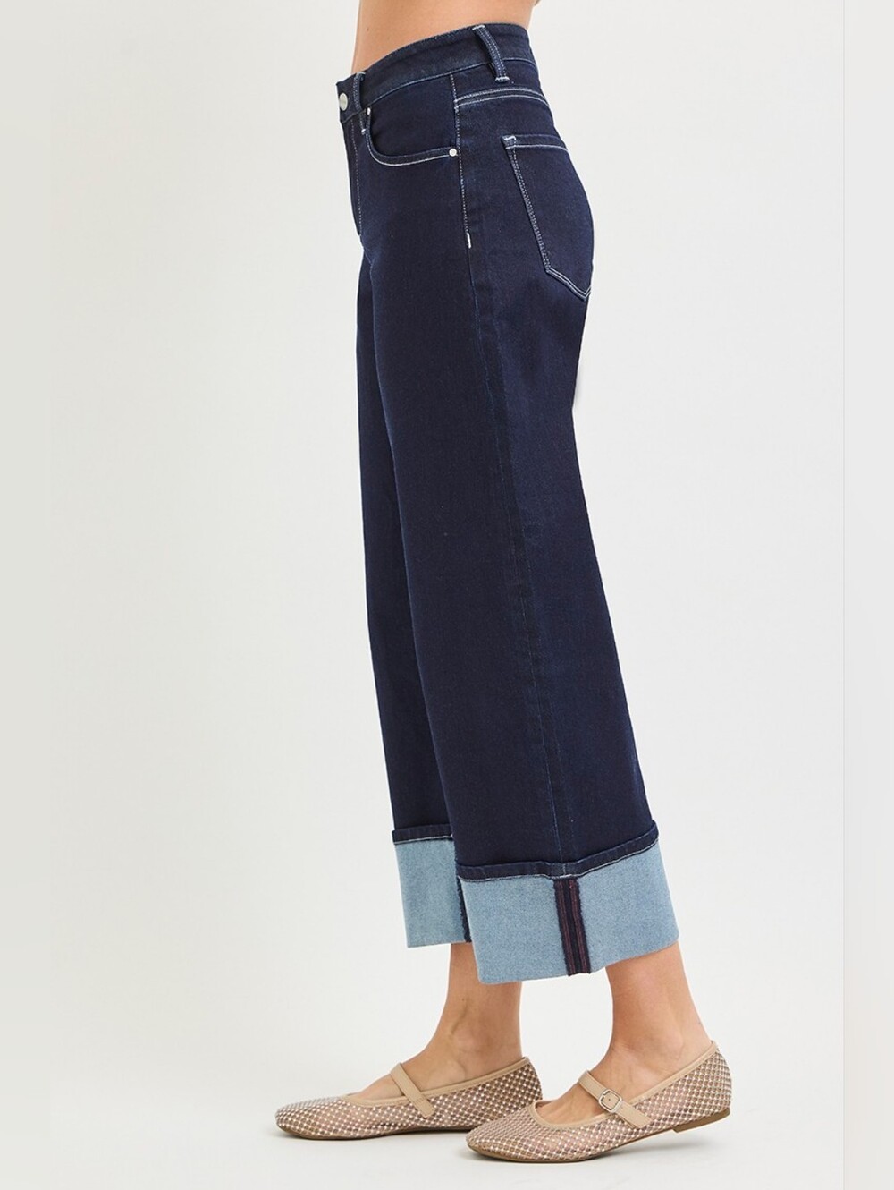 RISEN Deep Dark Wash Cuffed Barrel Jeans Cropped Stretch Classic Various NEW - Picture 8 of 15